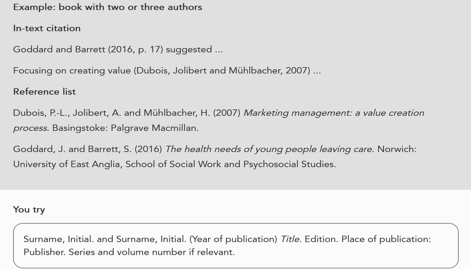 Screenshot for referencing a book with two or three authors