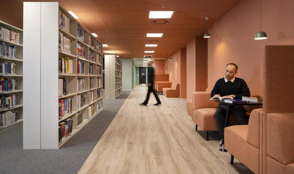 Library shelves and seating